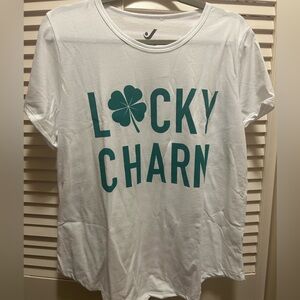 Jantzen White Cotton Blend Top with Green wording “Lucky Charm”